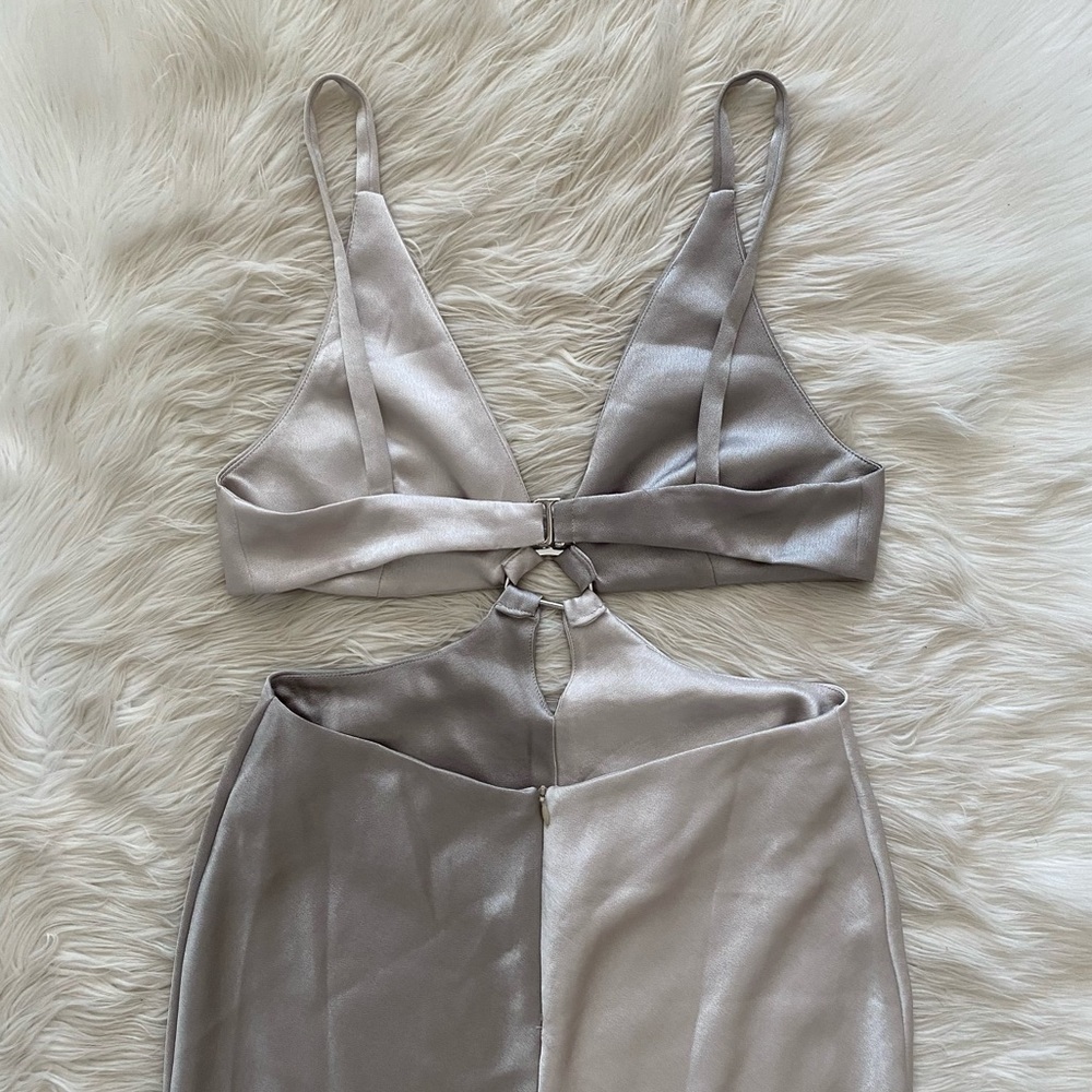 Bec + Bridge Stone Grey Satin Colorblock Felix V Cut Out Maxi Dress - Picture 9 of 14